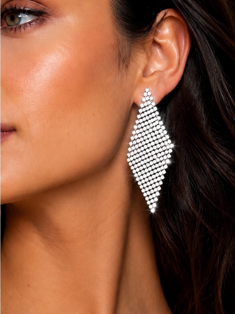 Guess Silver Rhinestone Mesh Diamond Drop Earrings